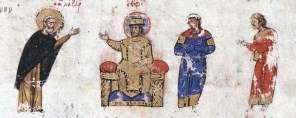테오필로스 황제와 성 라자로 수도승_manuscript from the Madrid Skylitzes by John Skylitzes_in 11-12th century.jpg